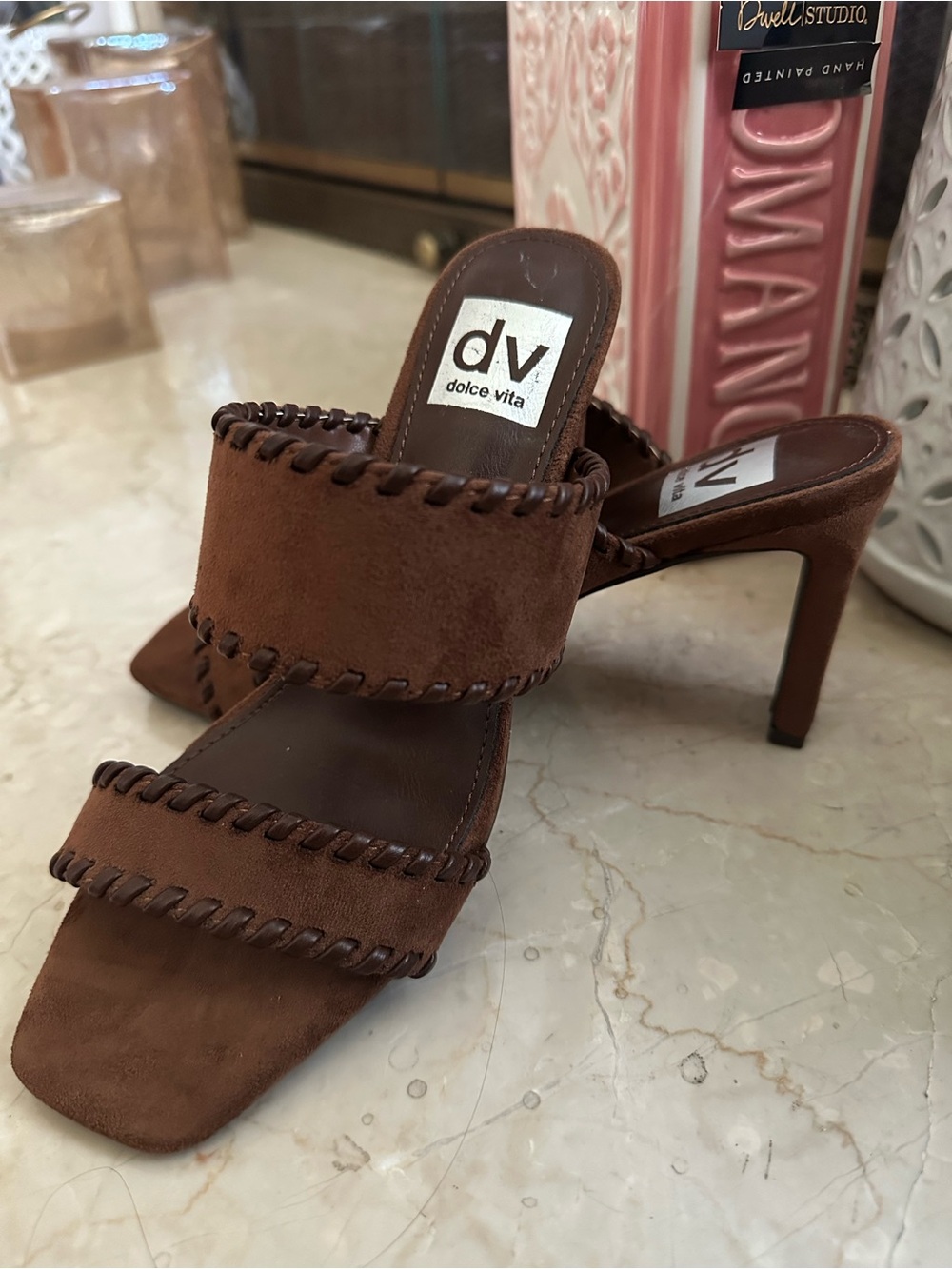 Dolce Vita Brown Suede Double-Band Heeled Mules Size 7